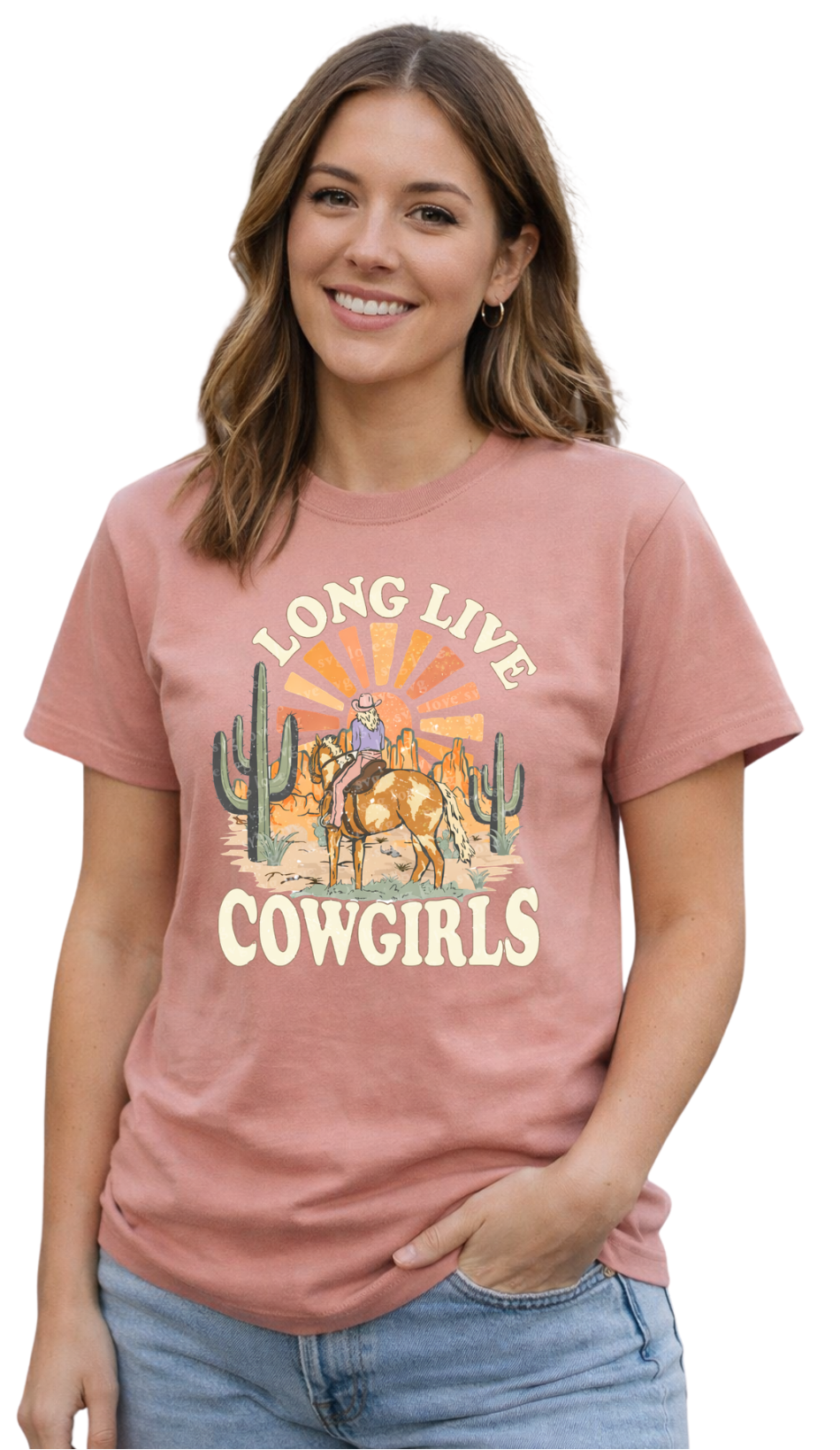 Woman wearing a pink t-shirt with a desert-themed graphic and text on a white background