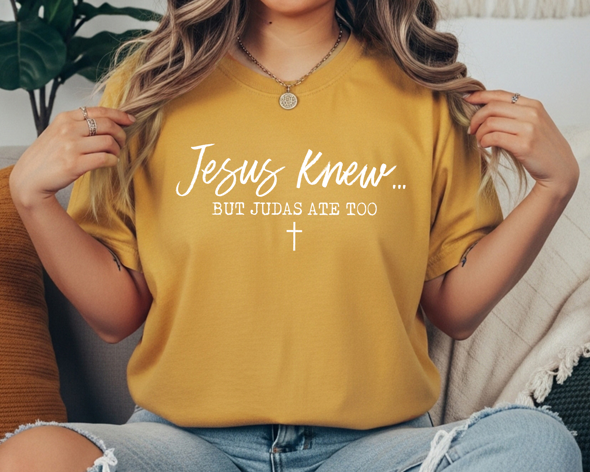 mustard Comfort Colors tee with white text reading “Jesus Knew… But Judas Ate Too” Christian faith design.