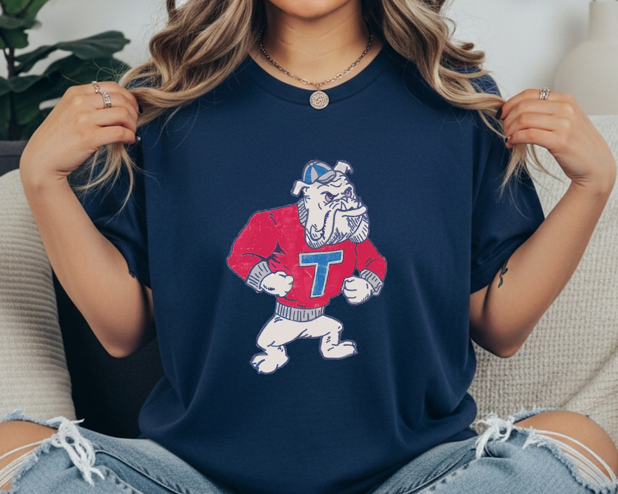 Louisiana Tech Bulldogs Comfort Colors t-shirt in slate blue featuring a vintage standing bulldog mascot wearing a red sweater with a T logo.