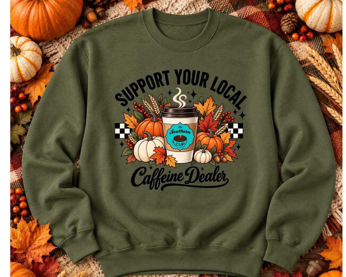 Support Your Local Caffeine Dealer Fall Harvest Gildan Crewneck Sweatshirt