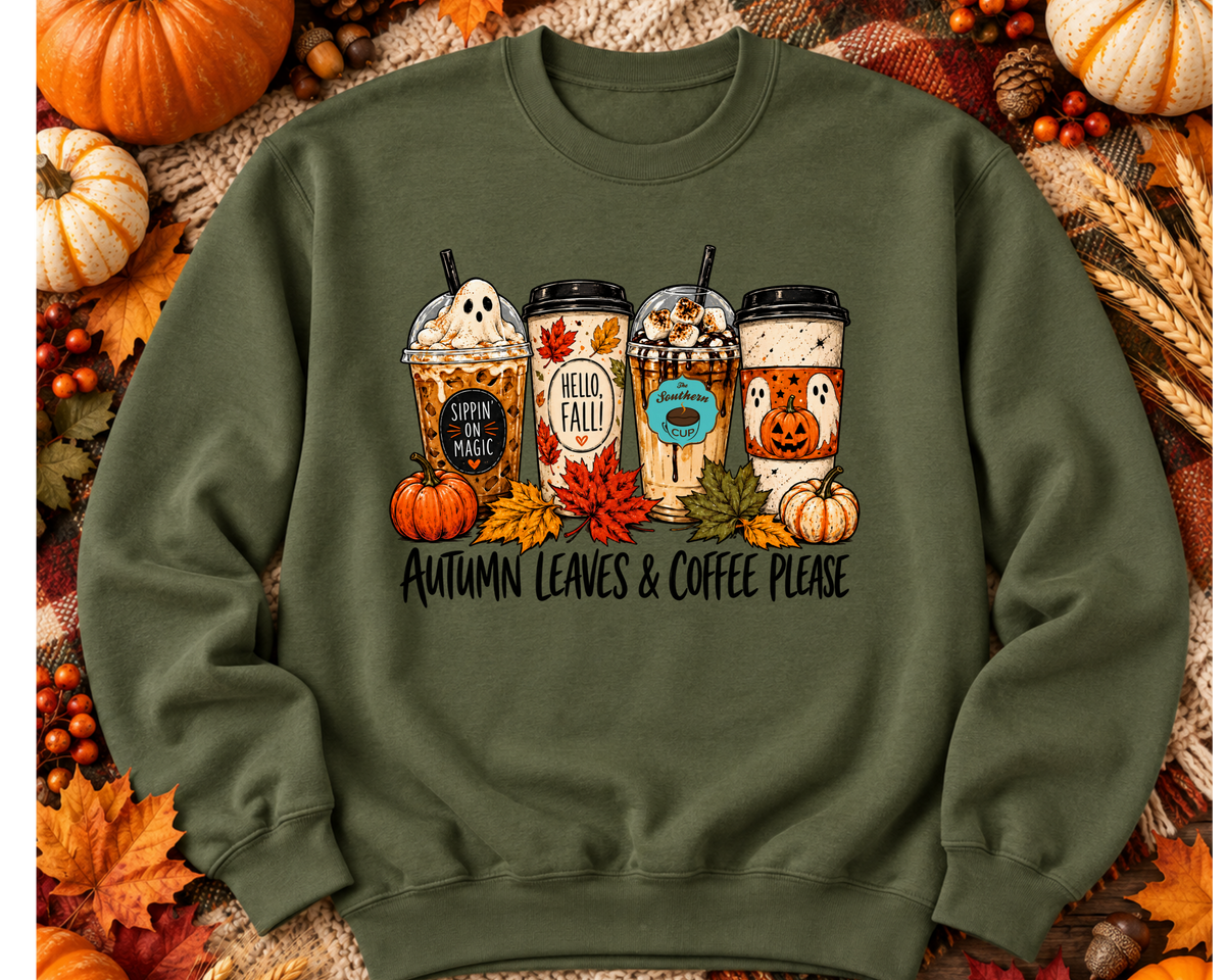 Autumn Leaves & Coffee Please Southern Cup Crewneck Sweatshirt | Gildan