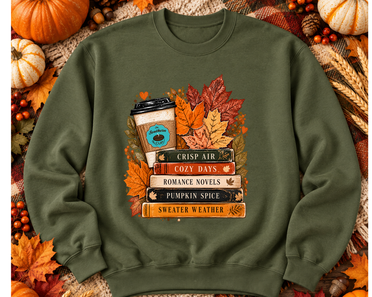 Crisp Air, Cozy Days & Romance Novels Southern Cup Crewneck Sweatshirt | Gildan