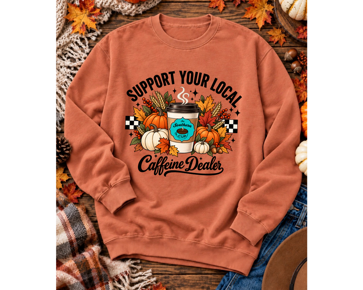Support Your Local Caffeine Dealer Fall Harvest Comfort Colors Crewneck Sweatshirt