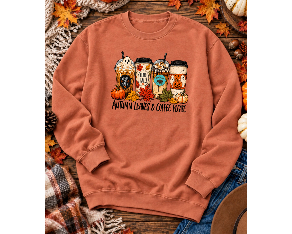 Autumn Leaves & Coffee Please Southern Cup Crewneck Sweatshirt | Comfort Colors