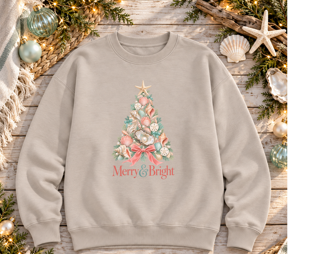Merry & Bright Coastal Christmas Sweatshirt | Seashell Oyster Holiday Tree | AWDis College Sweat