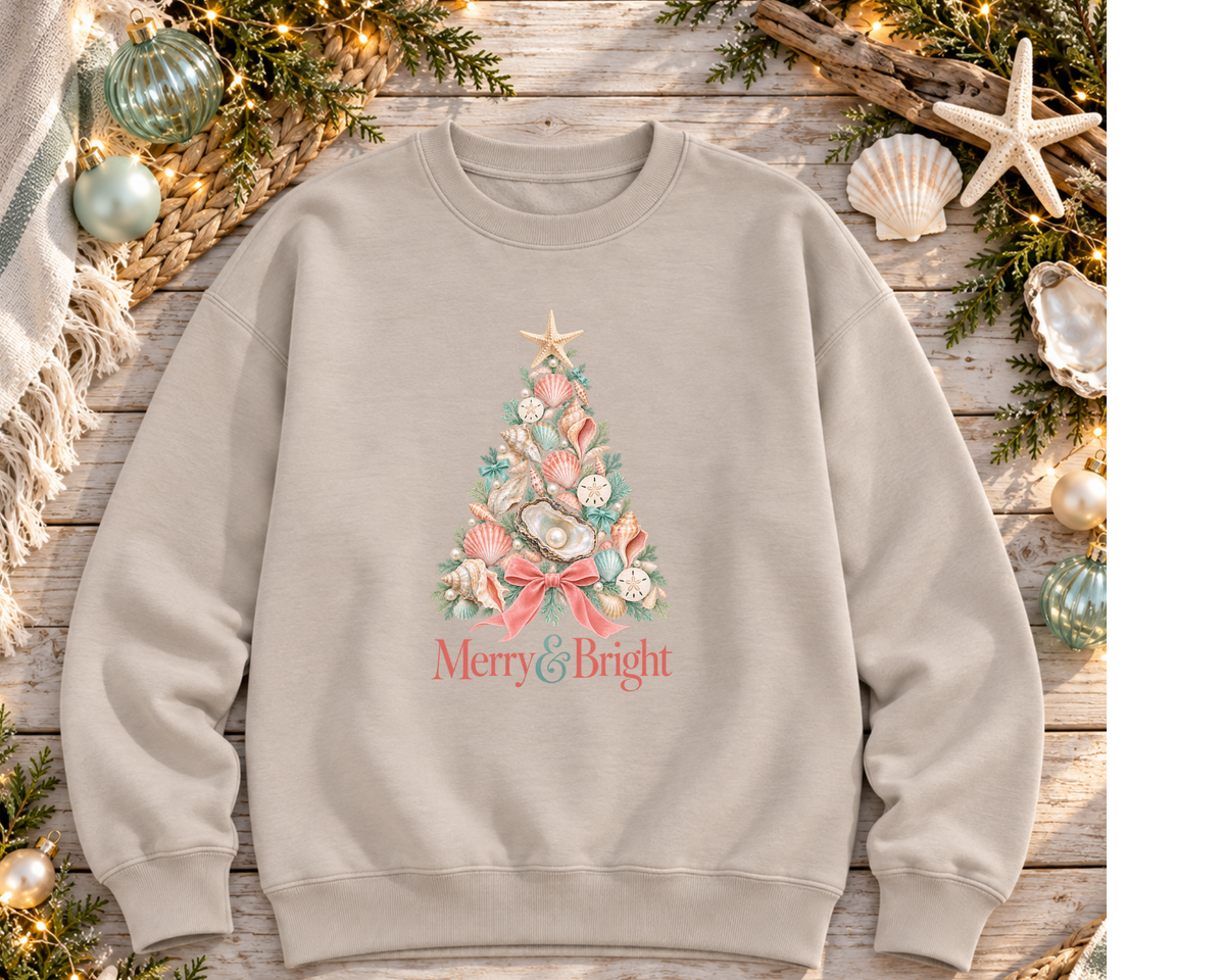 Merry & Bright Coastal Christmas Sweatshirt | Seashell Oyster Holiday Tree | AWDis College Sweat