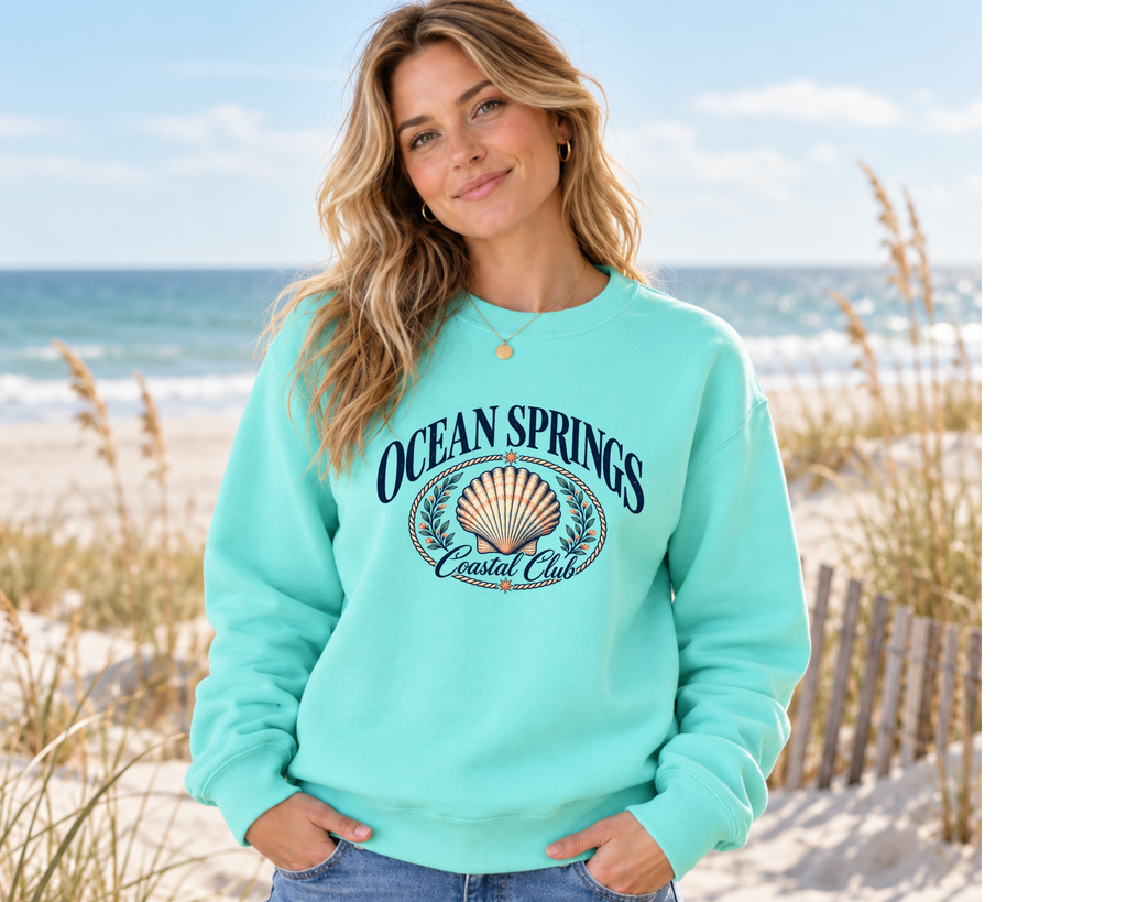 Ocean Springs Coastal Club Sweatshirt | Vintage Seashell Graphic Crewneck | AWDis Peppermint Beach Boutique Apparel