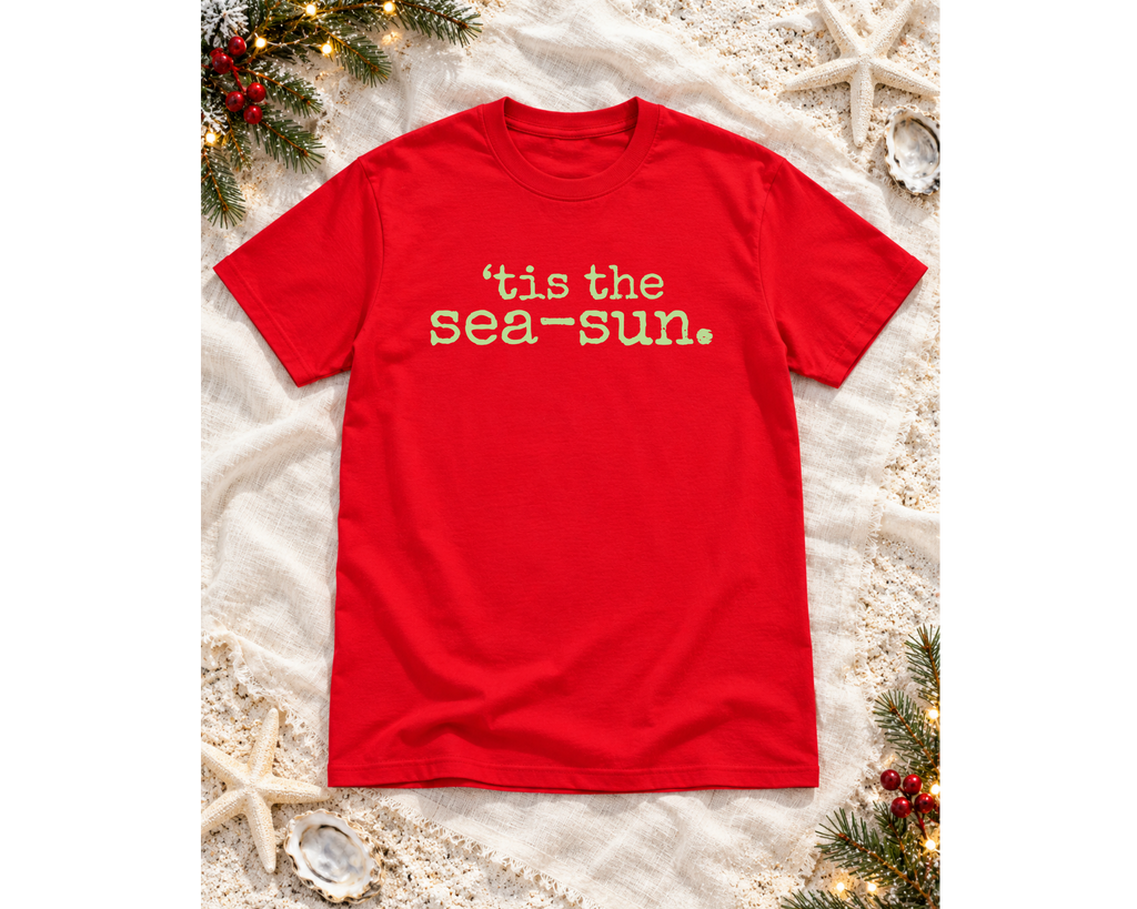 'Tis the Sea-Sun Coastal Christmas Graphic Tee | Beach Holiday T-Shirt | Gildan Cherry Red Unisex Tee