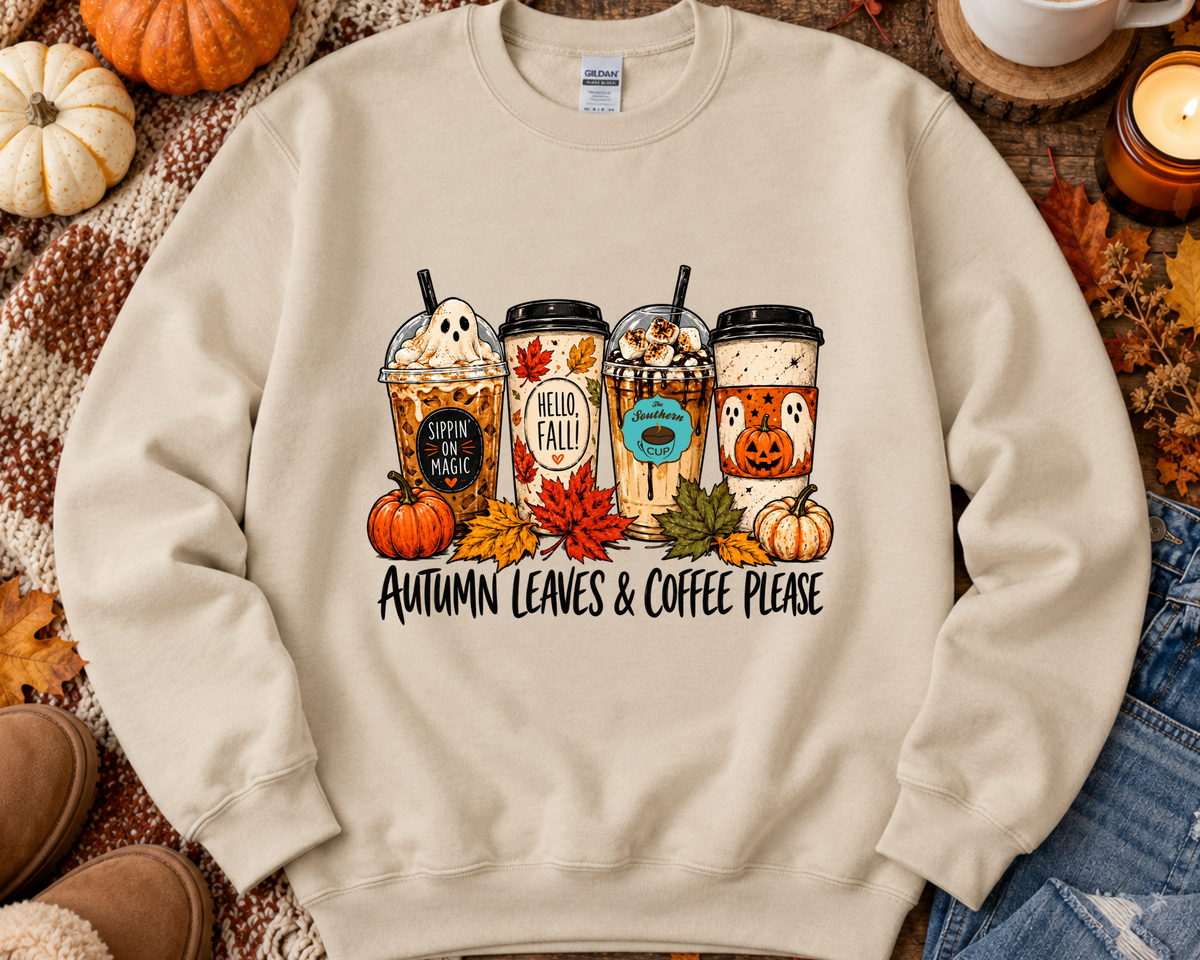 Autumn Leaves & Coffee Please Southern Cup Crewneck Sweatshirt | Gildan