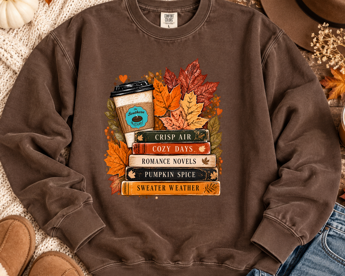 Crisp Air, Cozy Days & Romance Novels Southern Cup Crewneck Sweatshirt | Comfort Colors
