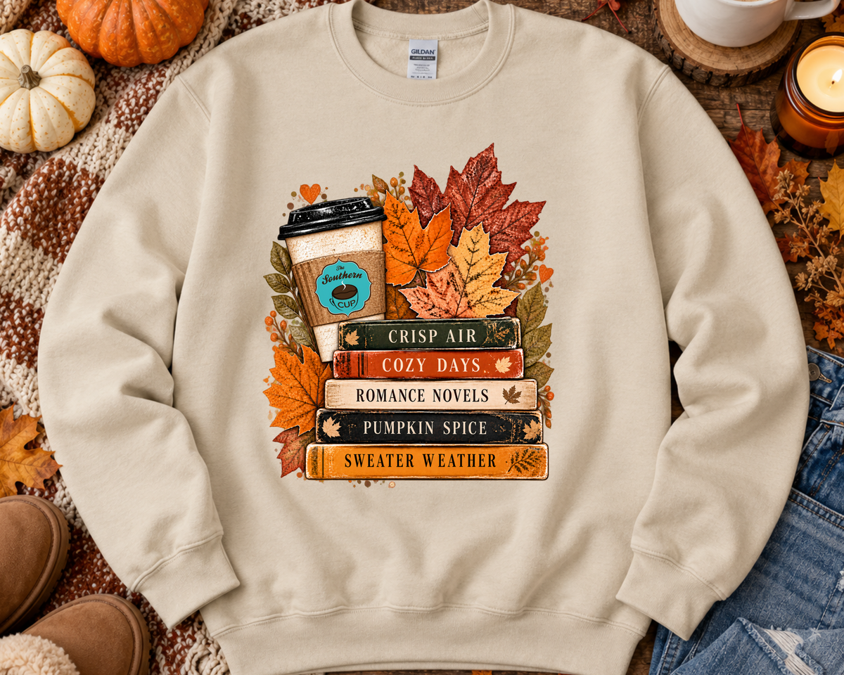 Crisp Air, Cozy Days & Romance Novels Southern Cup Crewneck Sweatshirt | Gildan