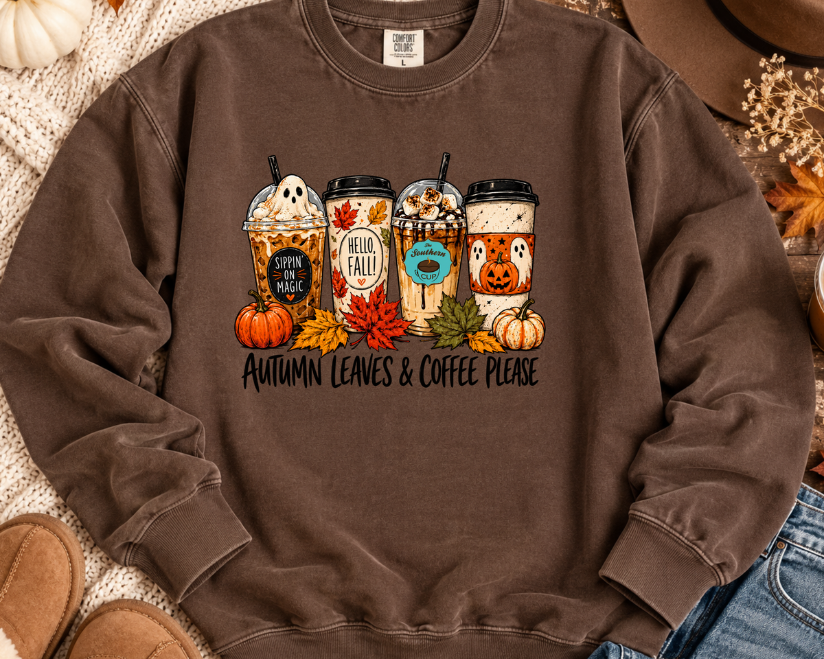 Autumn Leaves & Coffee Please Southern Cup Crewneck Sweatshirt | Comfort Colors