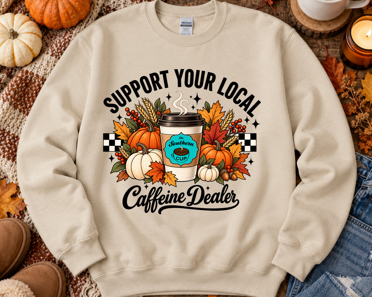 Support Your Local Caffeine Dealer Fall Harvest Gildan Crewneck Sweatshirt