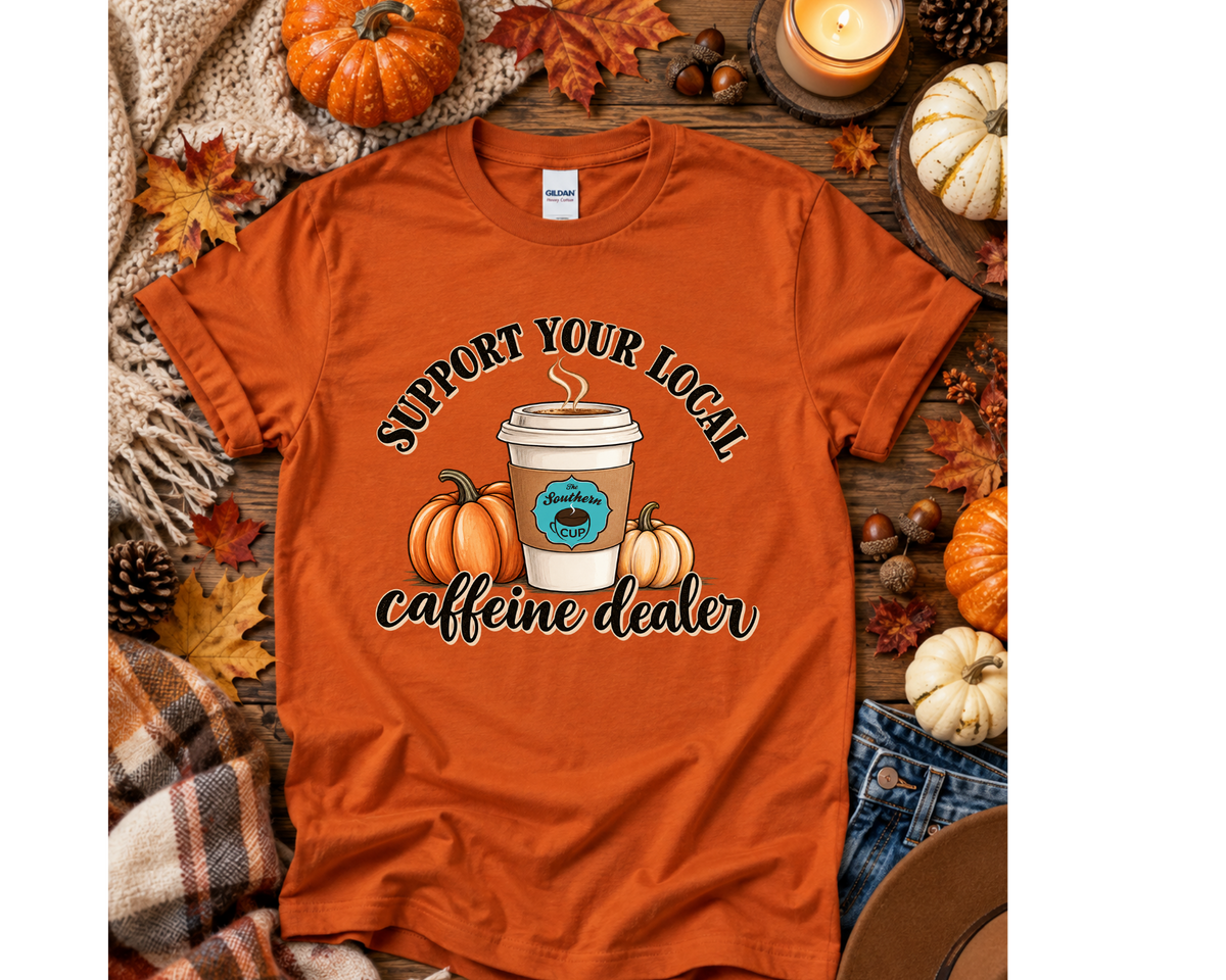 Support Your Local Caffeine Dealer Gildan T-Shirt | Southern Cup Fall Coffee Tee
