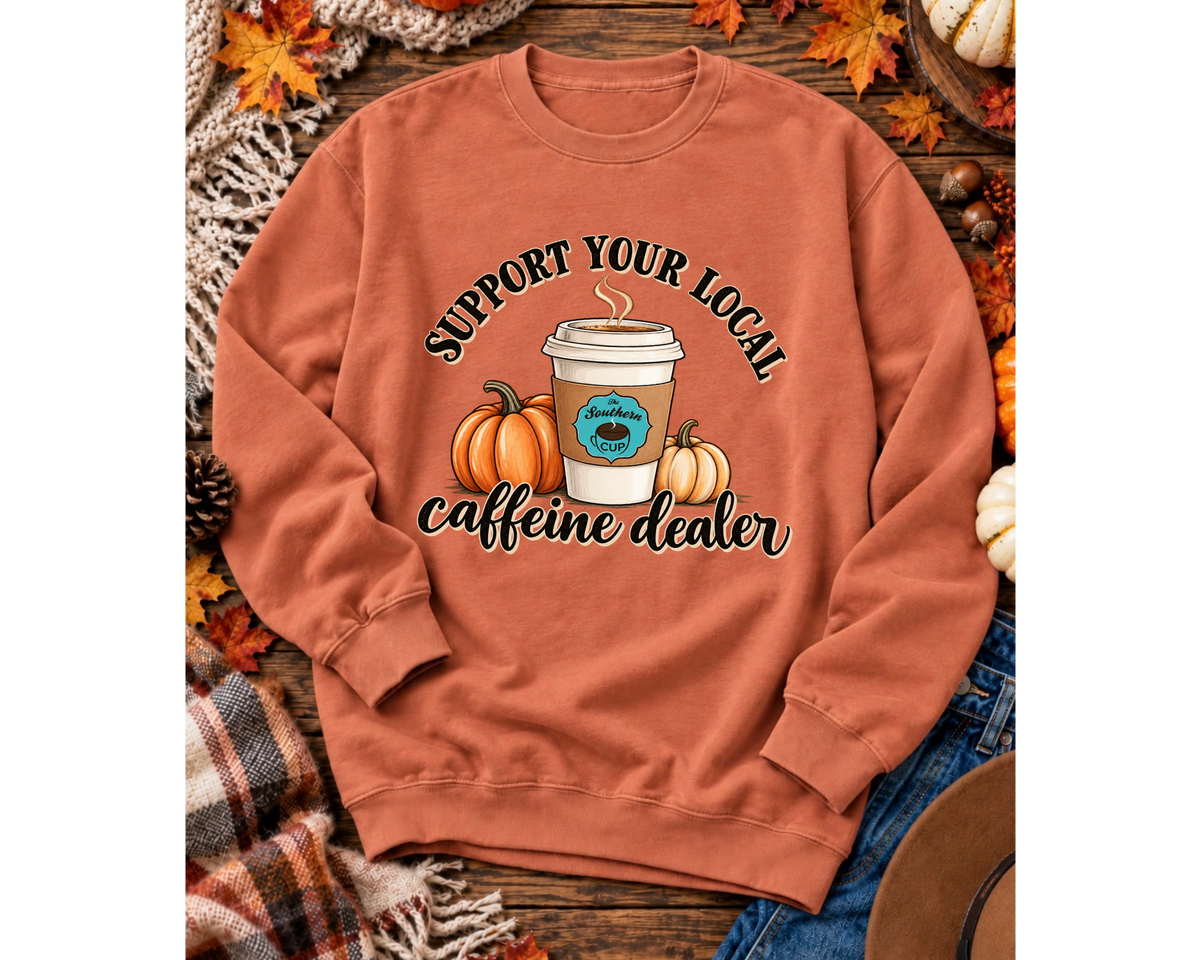 Support Your Local Caffeine Dealer Comfort Colors Sweatshirt | Southern Cup Fall Coffee Crewneck