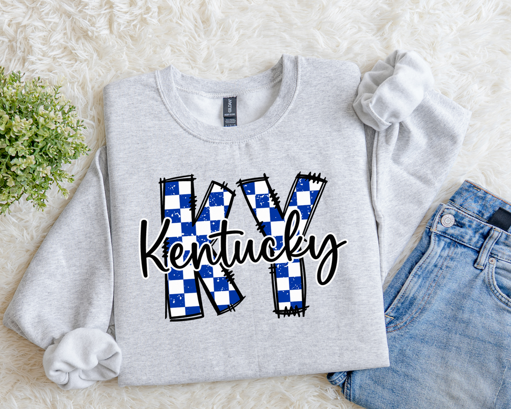 Kentucky KY Blue & White Checkered Graphic Sweatshirt | Kentucky Game Day Crewneck