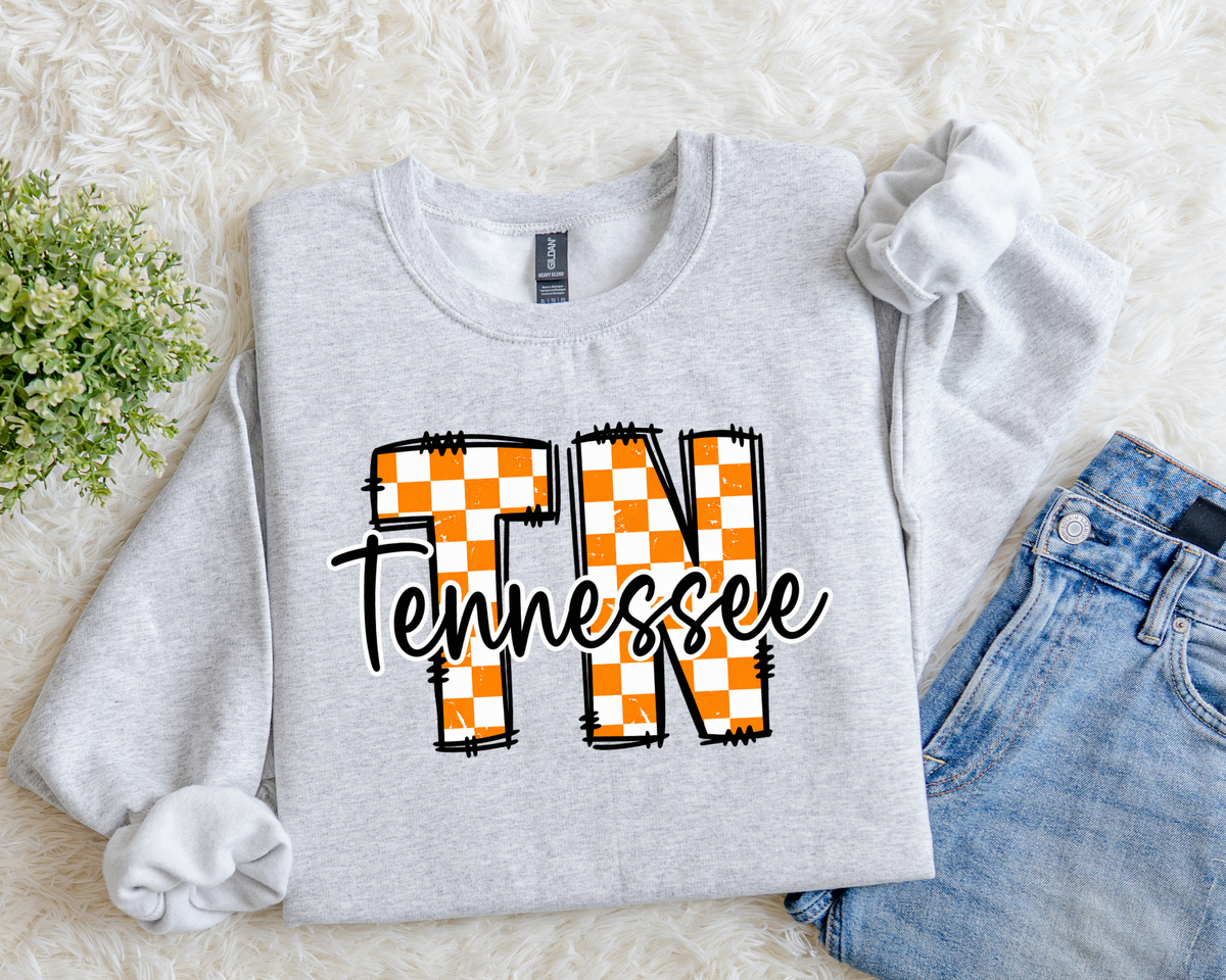 Tennessee TN Orange & White Checkered Graphic Sweatshirt | Women's Game Day Crewneck | Boutique Vols Spirit Wear