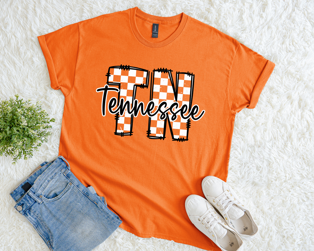 Tennessee Checkered TN Graphic T-Shirt | Orange Game Day Tee | Women's & Youth Matching Vols Inspired Spirit Wear