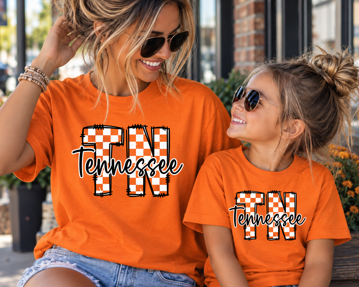 Tennessee Checkered TN Graphic T-Shirt | Orange Game Day Tee | Women's & Youth Matching Vols Inspired Spirit Wear