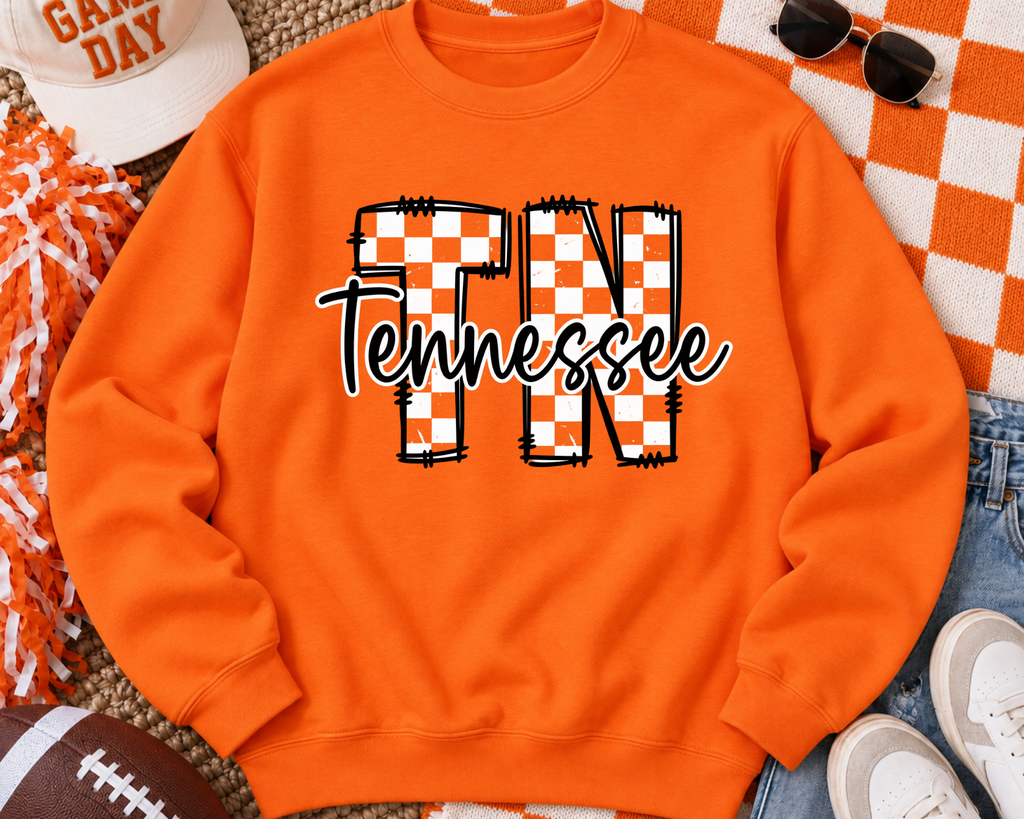 Tennessee Checkered TN Graphic Sweatshirt | Premium Orange Game Day Crewneck | Vols Inspired Boutique Spirit Wear