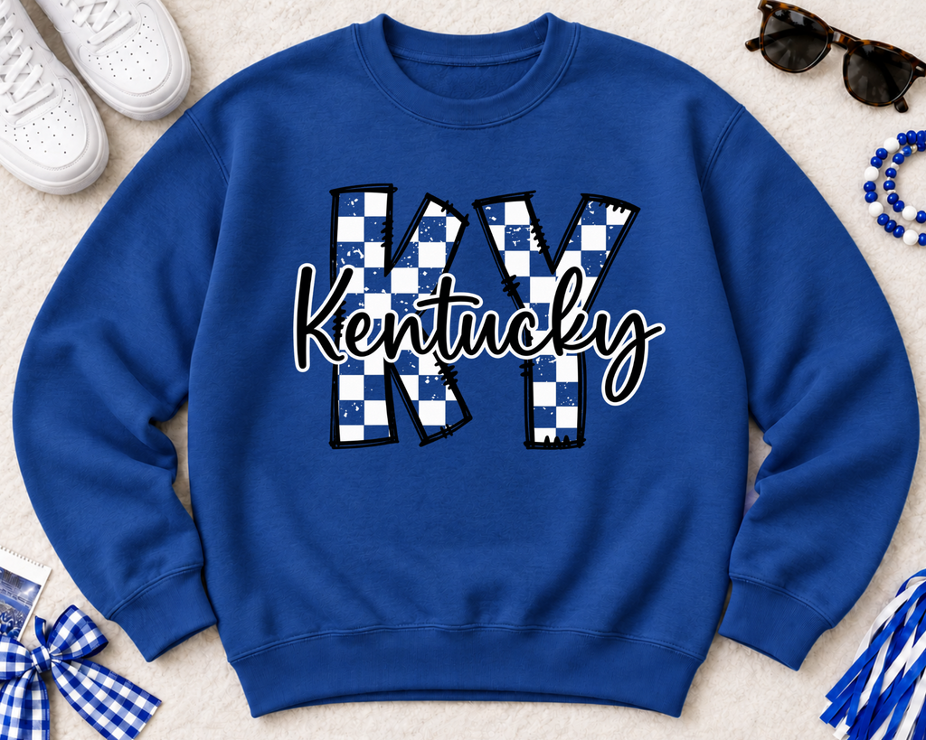 Kentucky Blue Checkered KY Graphic Sweatshirt | Premium Royal Blue Game Day Crewneck | Boutique Spirit Wear