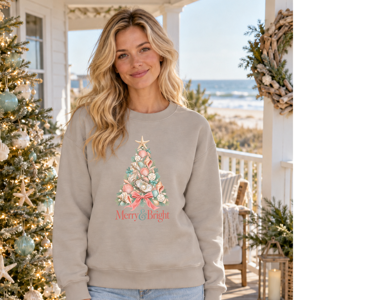 Merry & Bright Coastal Christmas Sweatshirt | Seashell Oyster Holiday Tree | AWDis College Sweat