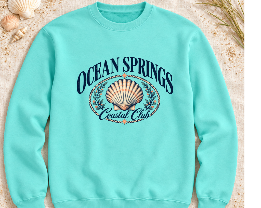 Ocean Springs Coastal Club Sweatshirt | Vintage Seashell Graphic Crewneck | AWDis Peppermint Beach Boutique Apparel