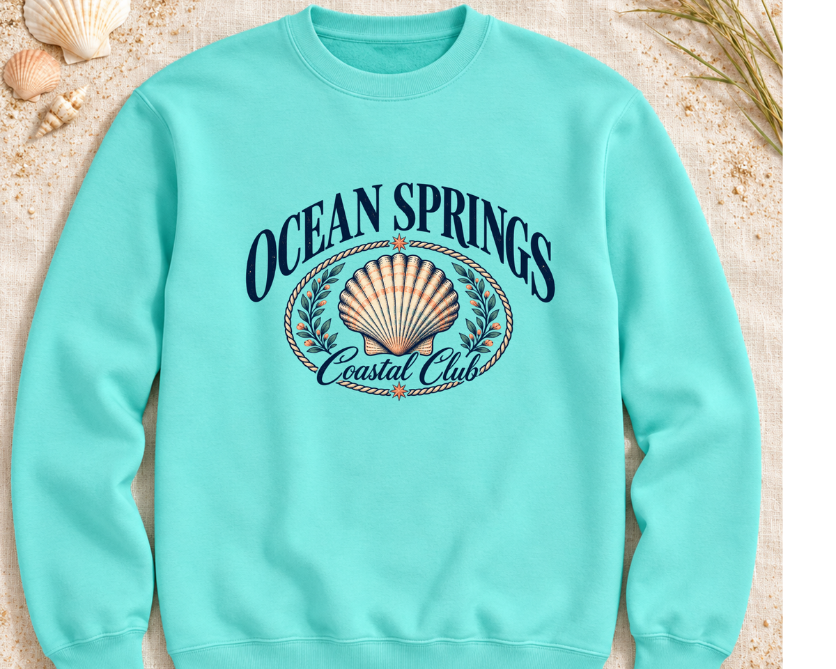 Ocean Springs Coastal Club Sweatshirt | Vintage Seashell Graphic Crewneck | AWDis Peppermint Beach Boutique Apparel