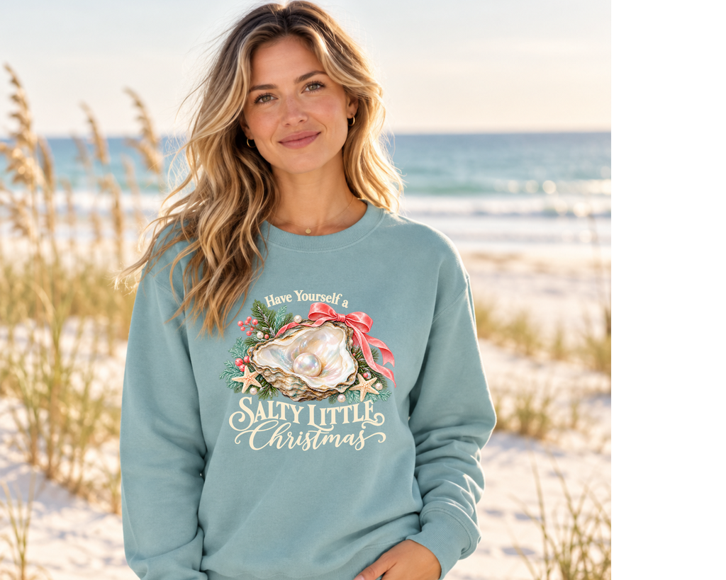 Have Yourself a Salty Little Christmas Sweatshirt | Coastal Oyster Holiday Graphic | AWDis Seafoam Crewneck