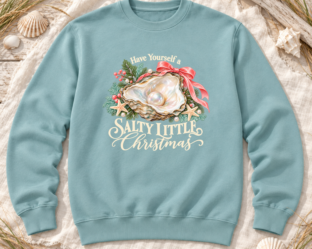 Have Yourself a Salty Little Christmas Sweatshirt | Coastal Oyster Holiday Graphic | AWDis Seafoam Crewneck