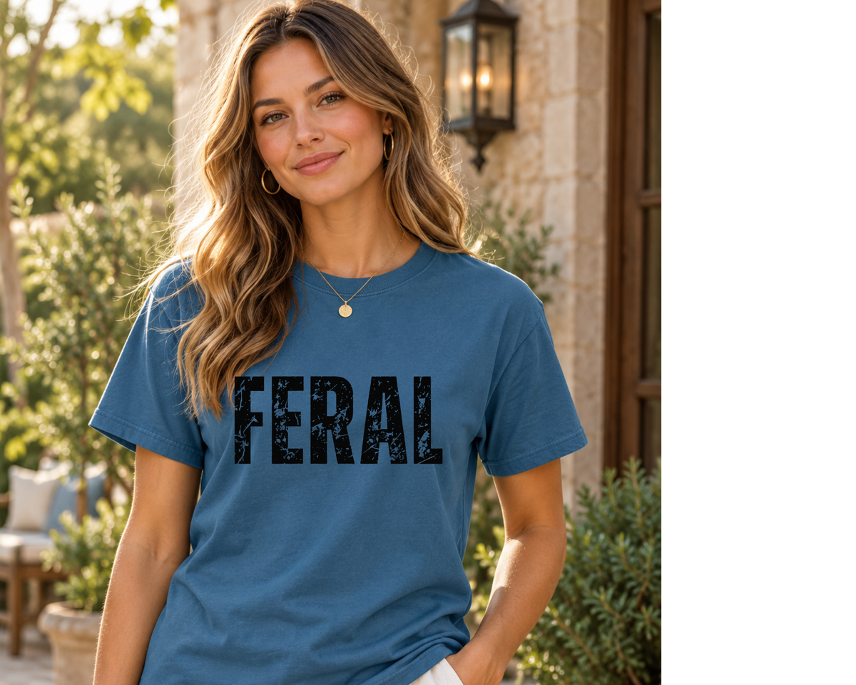 Feral Vintage Graphic Tee | Distressed Black Lettering |Trendy Boutique Apparel
