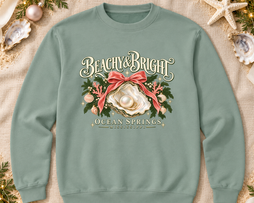 Beachy & Bright Ocean Springs Christmas Sweatshirt | Coastal Oyster Holiday Graphic | AWDis Dusty Green Crewneck