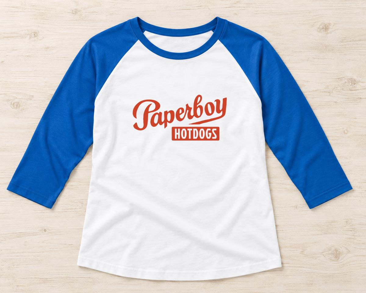 Paperboy Hotdogs Logo Raglan Baseball Tee | Gildan 3/4 Sleeve Unisex Graphic Shirt