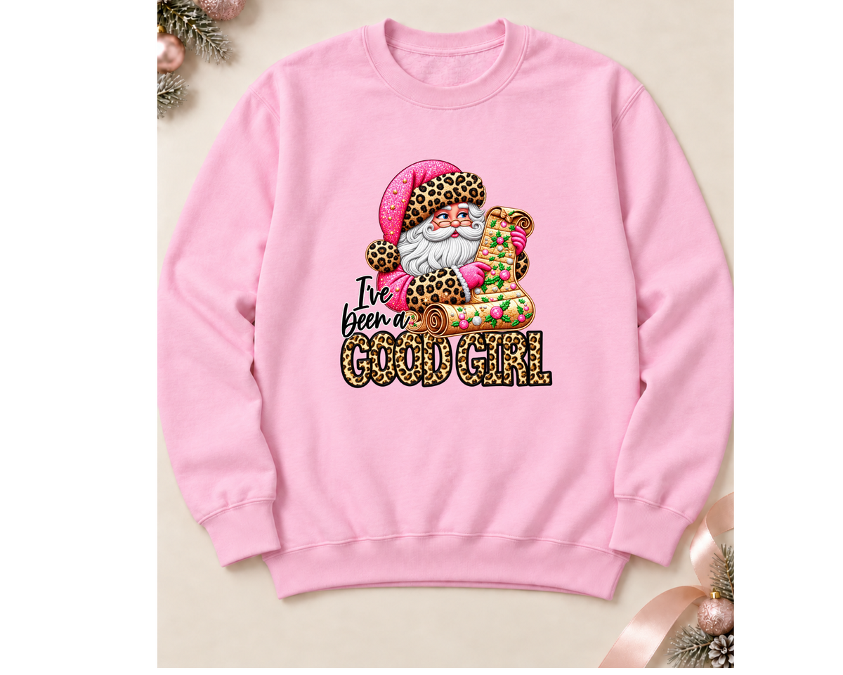 I've Been a Good Girl Christmas Sweatshirt | Pink Leopard Santa | Gildan Light Pink Crewneck