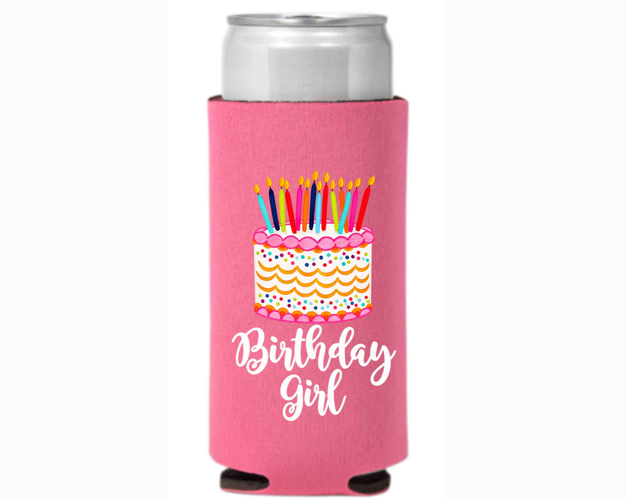 Birthday Girl Tall Slim Koozie - Pink Birthday Cake Can Cooler - Boutique Party Drink Sleeve