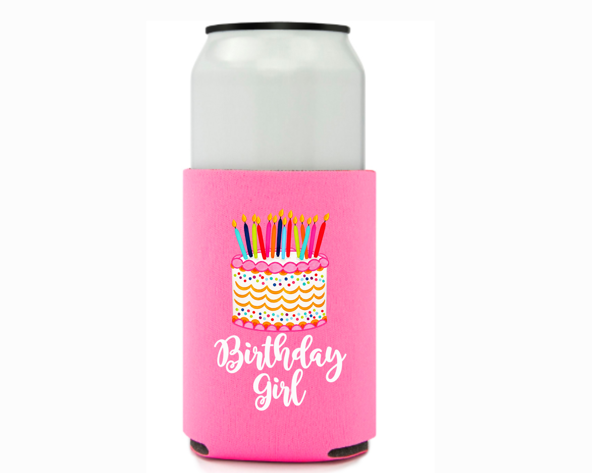 Birthday Girl Short Koozie - Pink Birthday Cake Can Cooler - Boutique Party Drink Sleeve