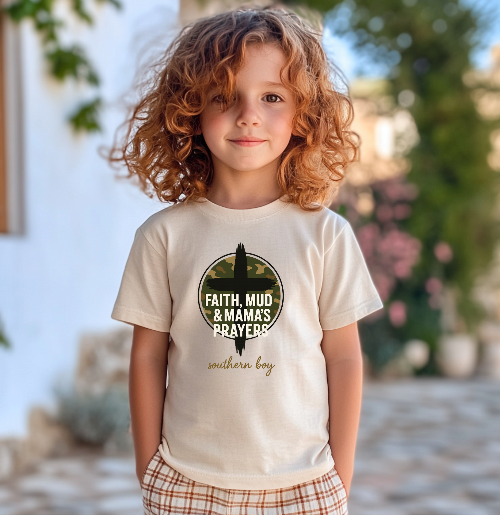 Youth t-shirt featuring a camo circle design with “Faith, Mud & Mama’s Prayers” in white text and “southern boy” in script. Modeled by a young boy outdoors with curly hair — a soft, southern-inspired kids’ tee perfect for country life.