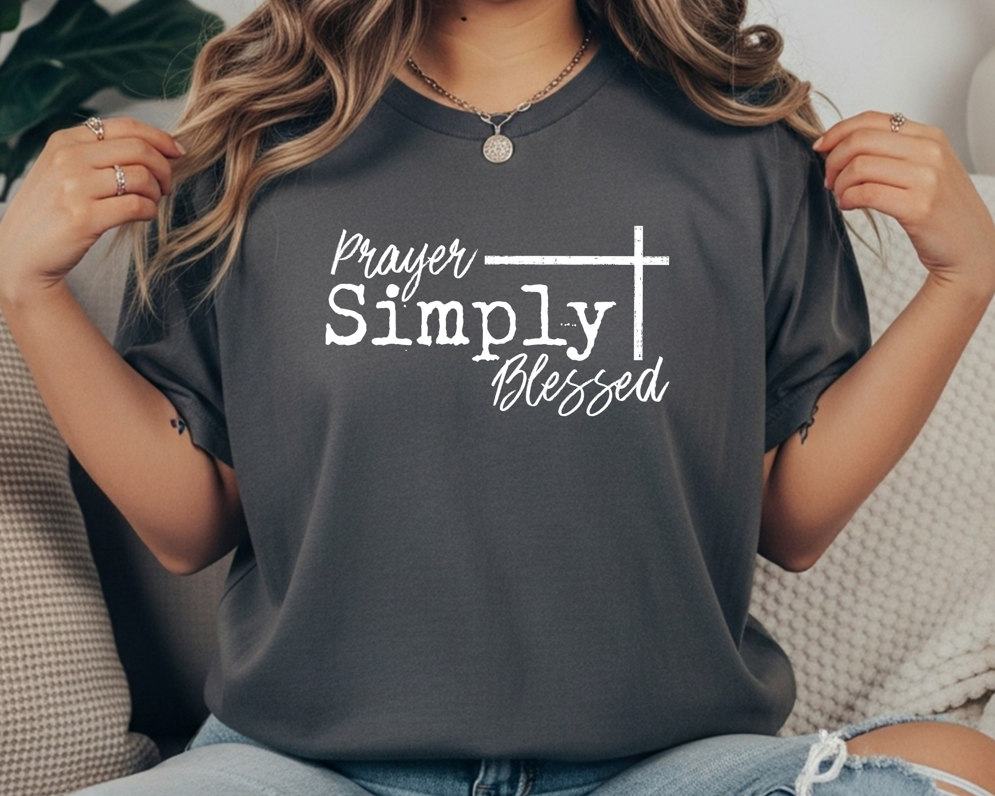 pepper Comfort Colors Christian tee with white text reading “Prayer Simply Blessed” across the front.