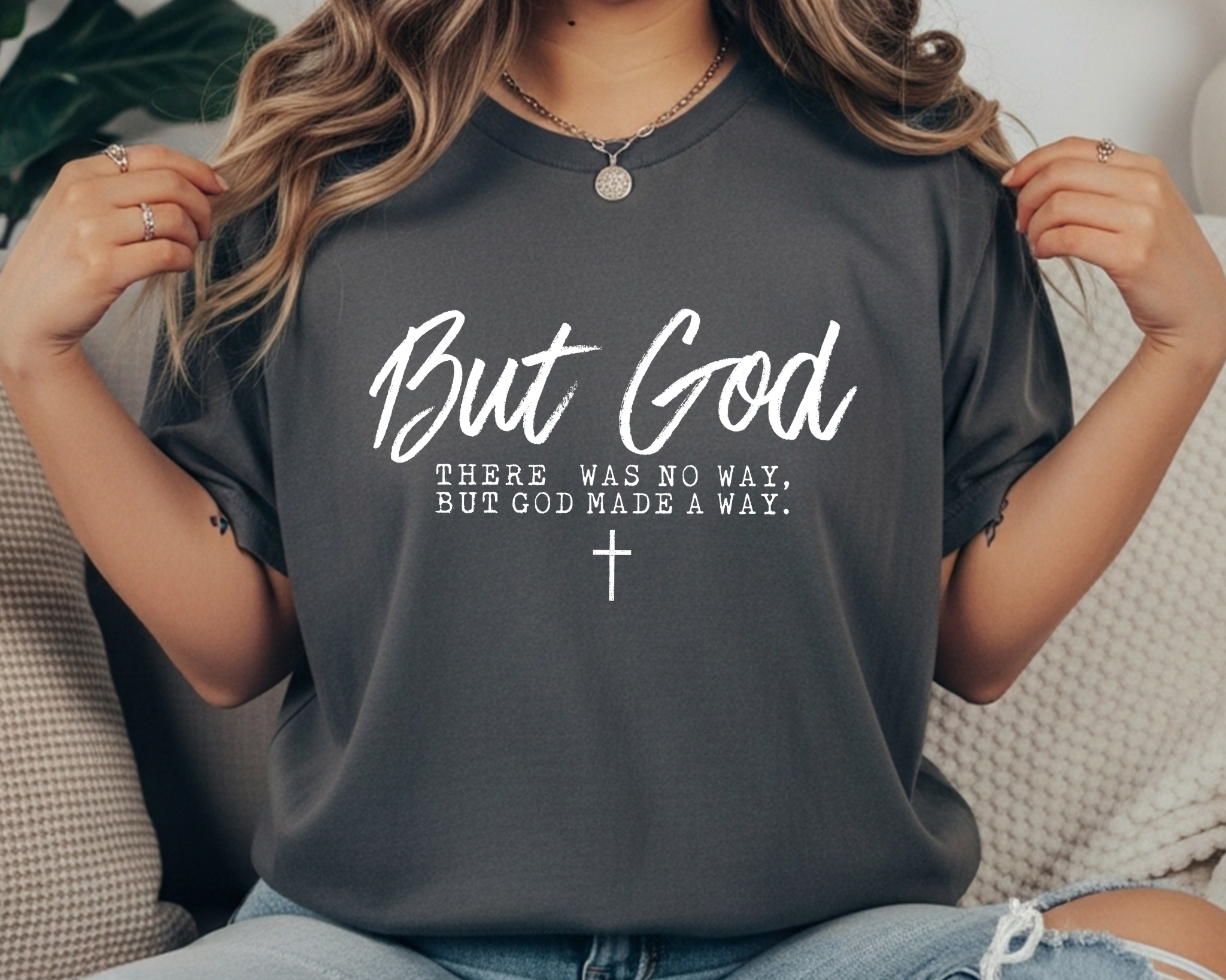 pepper Comfort Colors tee with “But God — There was no way, but God made a way” faith design and cross graphic.