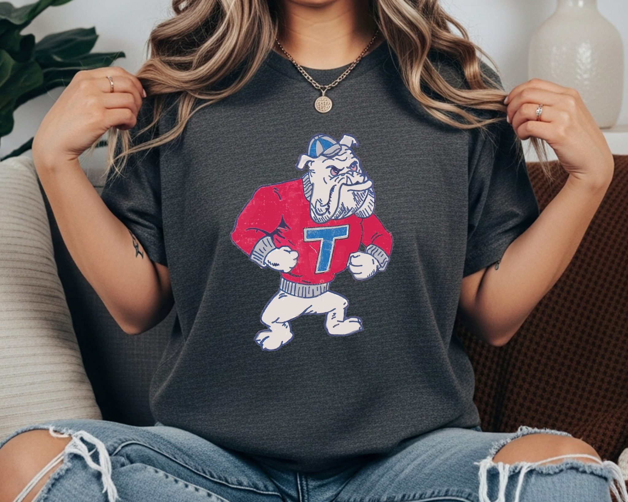 Louisiana Tech Bulldogs Comfort Colors t-shirt in slate blue featuring a vintage standing bulldog mascot wearing a red sweater with a T logo.