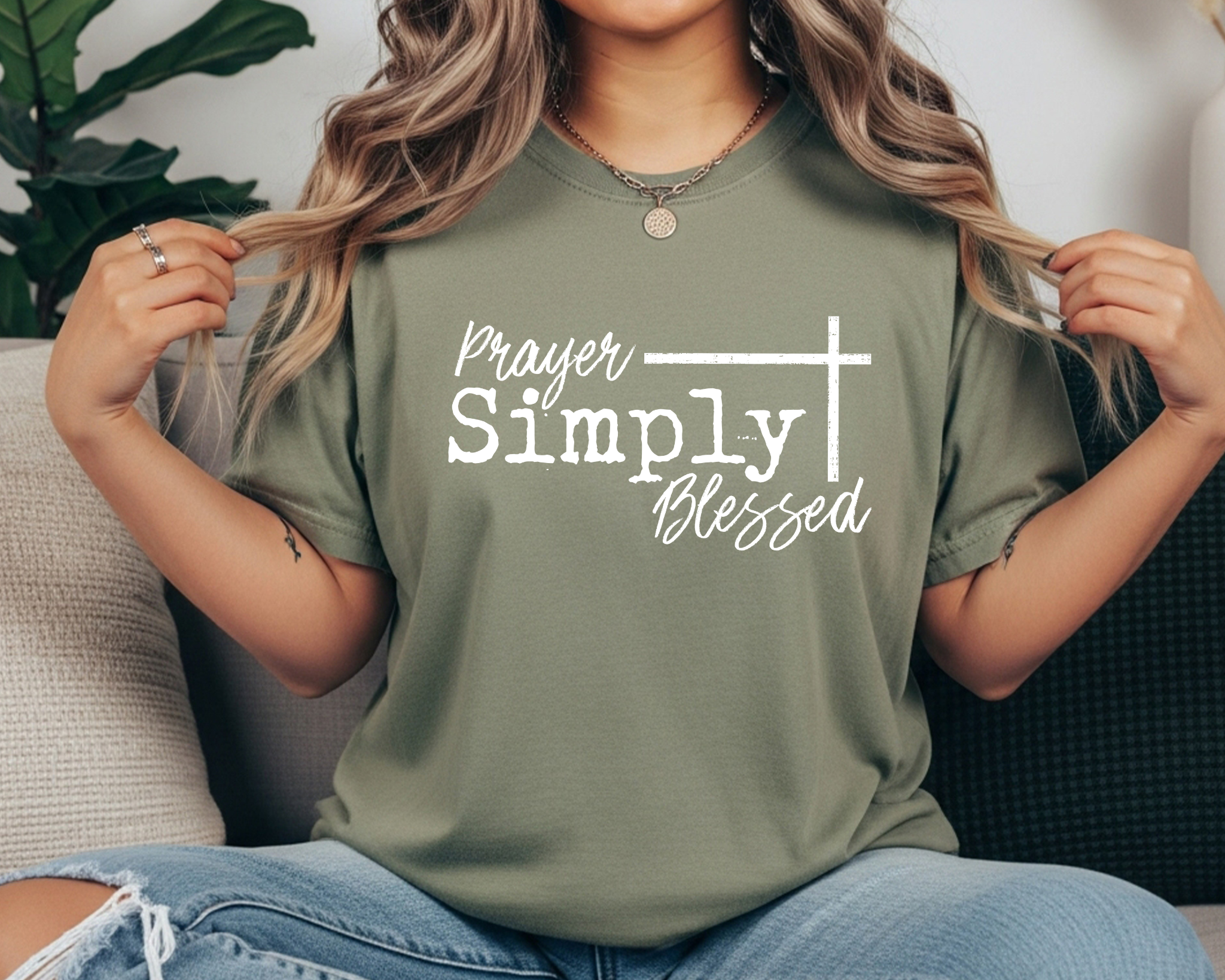 sage Comfort Colors Christian tee with white text reading “Prayer Simply Blessed” across the front.