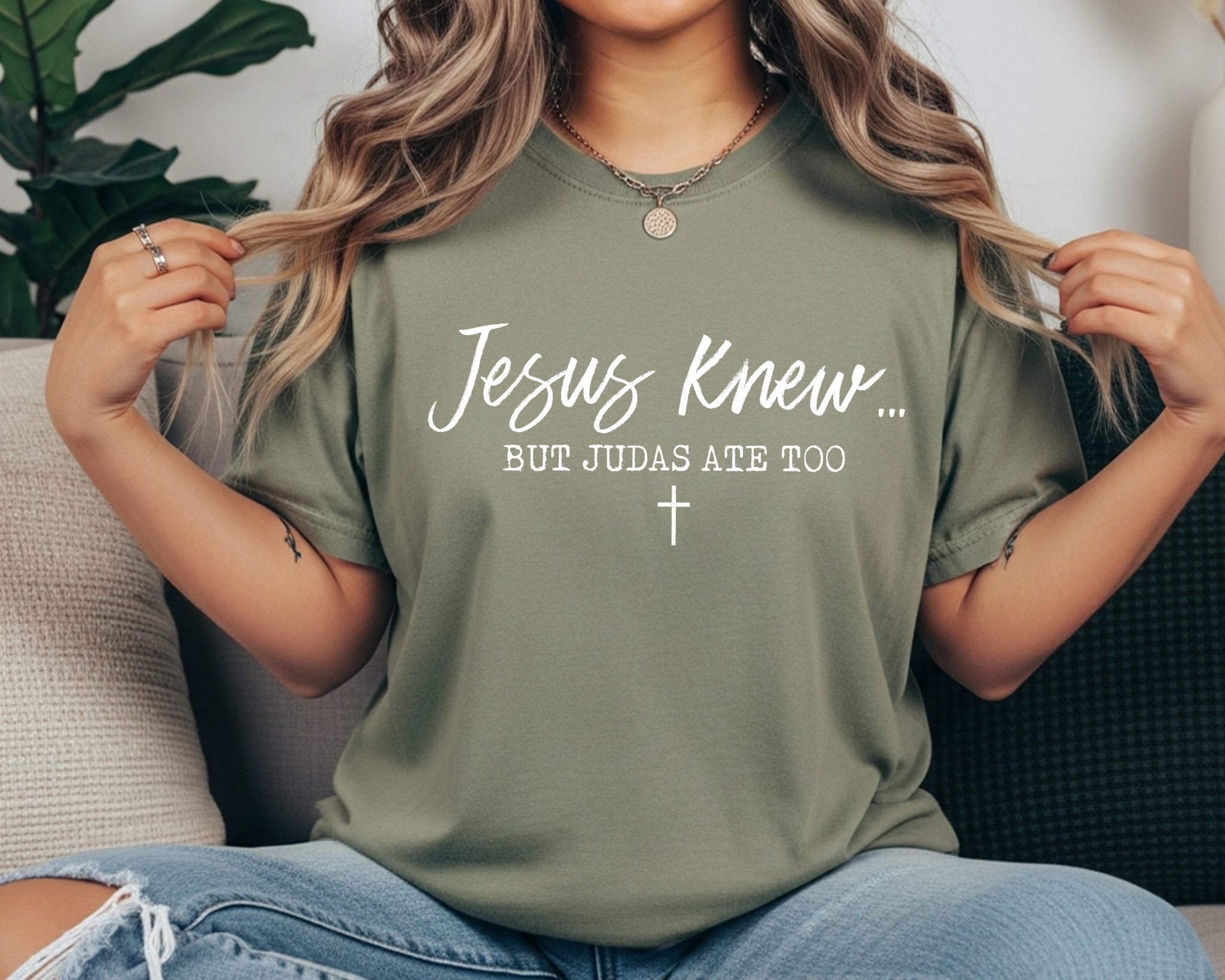 SAGE Comfort Colors tee with white text reading “Jesus Knew… But Judas Ate Too” Christian faith design.