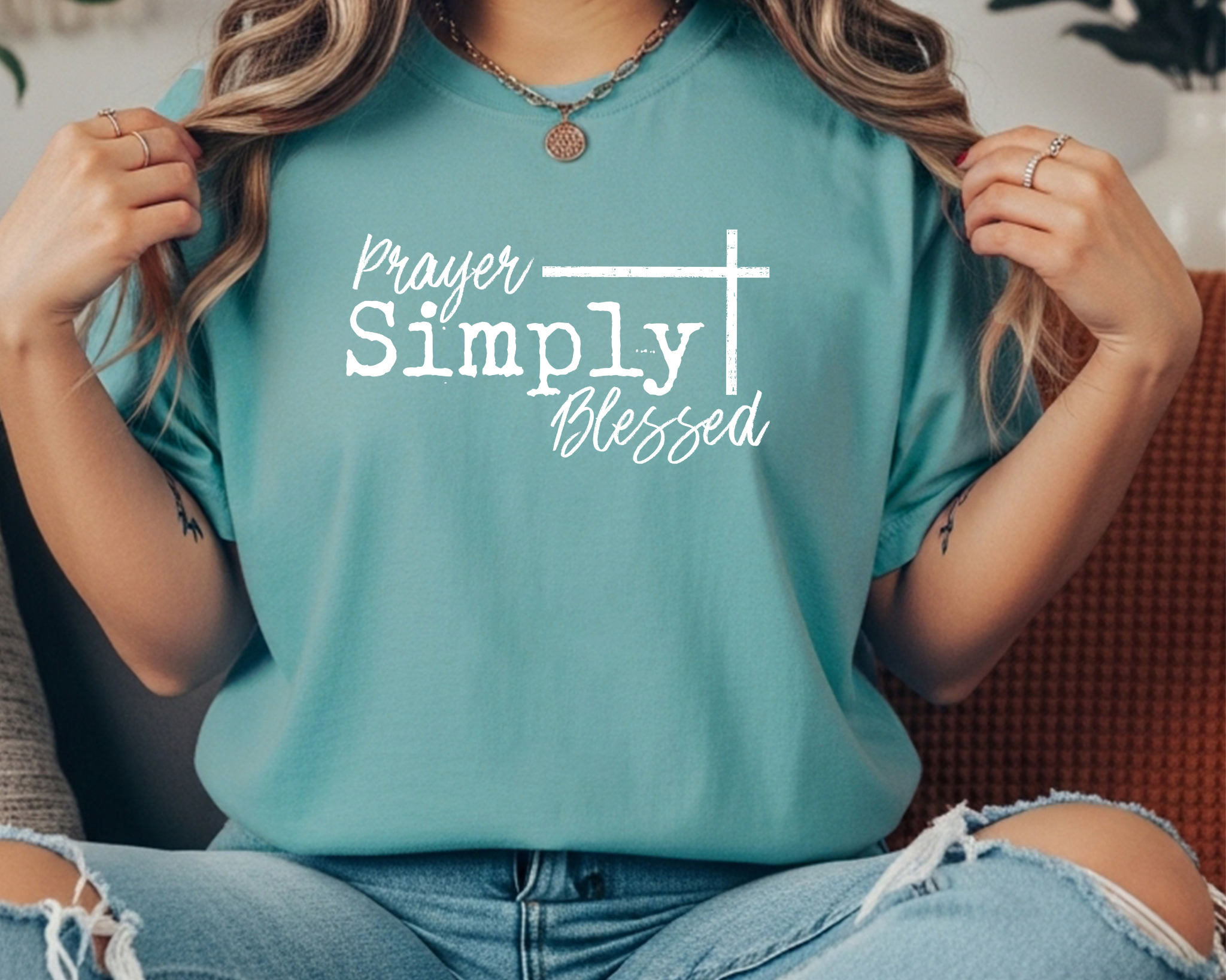 seafoam Comfort Colors Christian tee with white text reading “Prayer Simply Blessed” across the front.