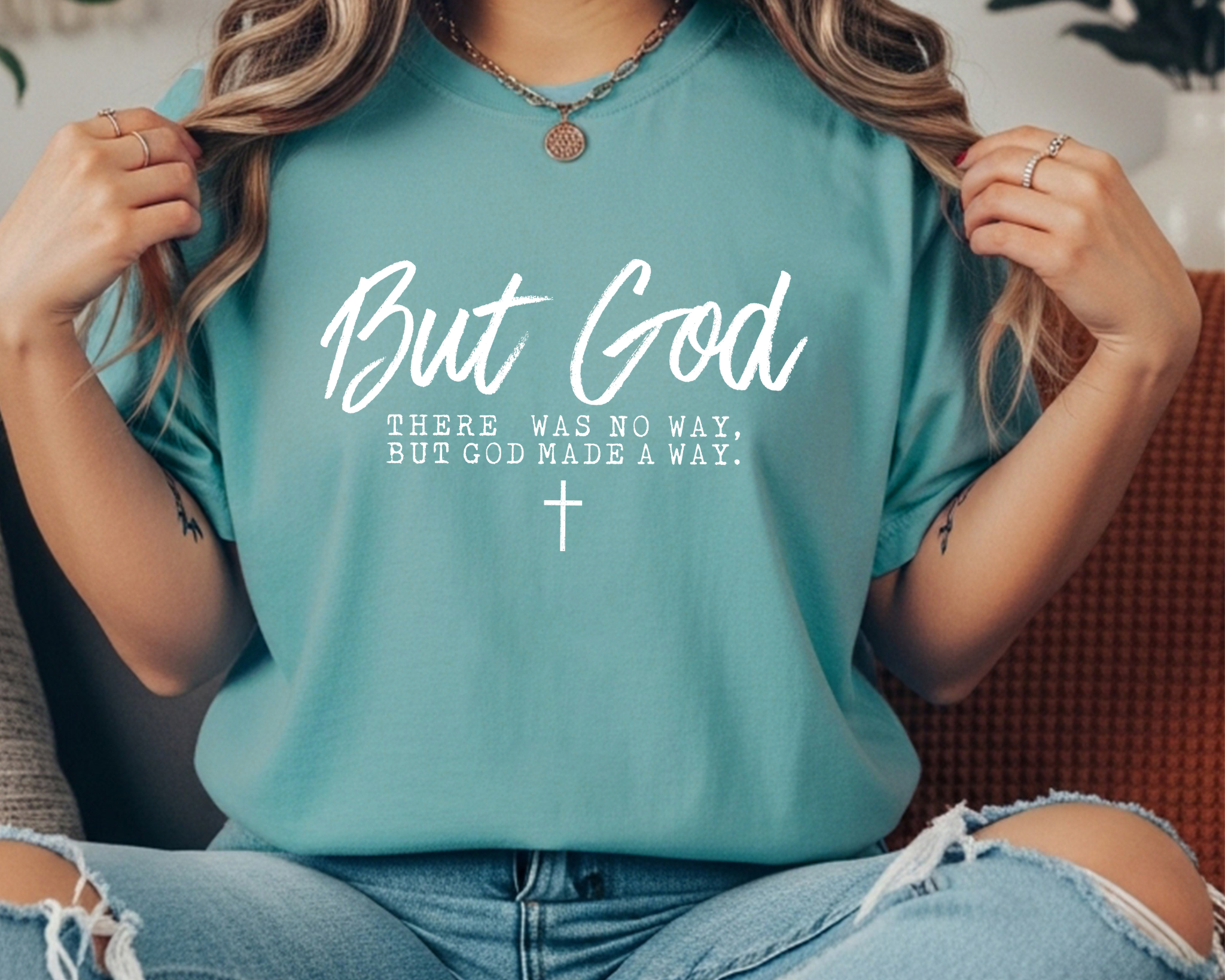 seafoarm Comfort Colors tee with “But God — There was no way, but God made a way” faith design and cross graphic.