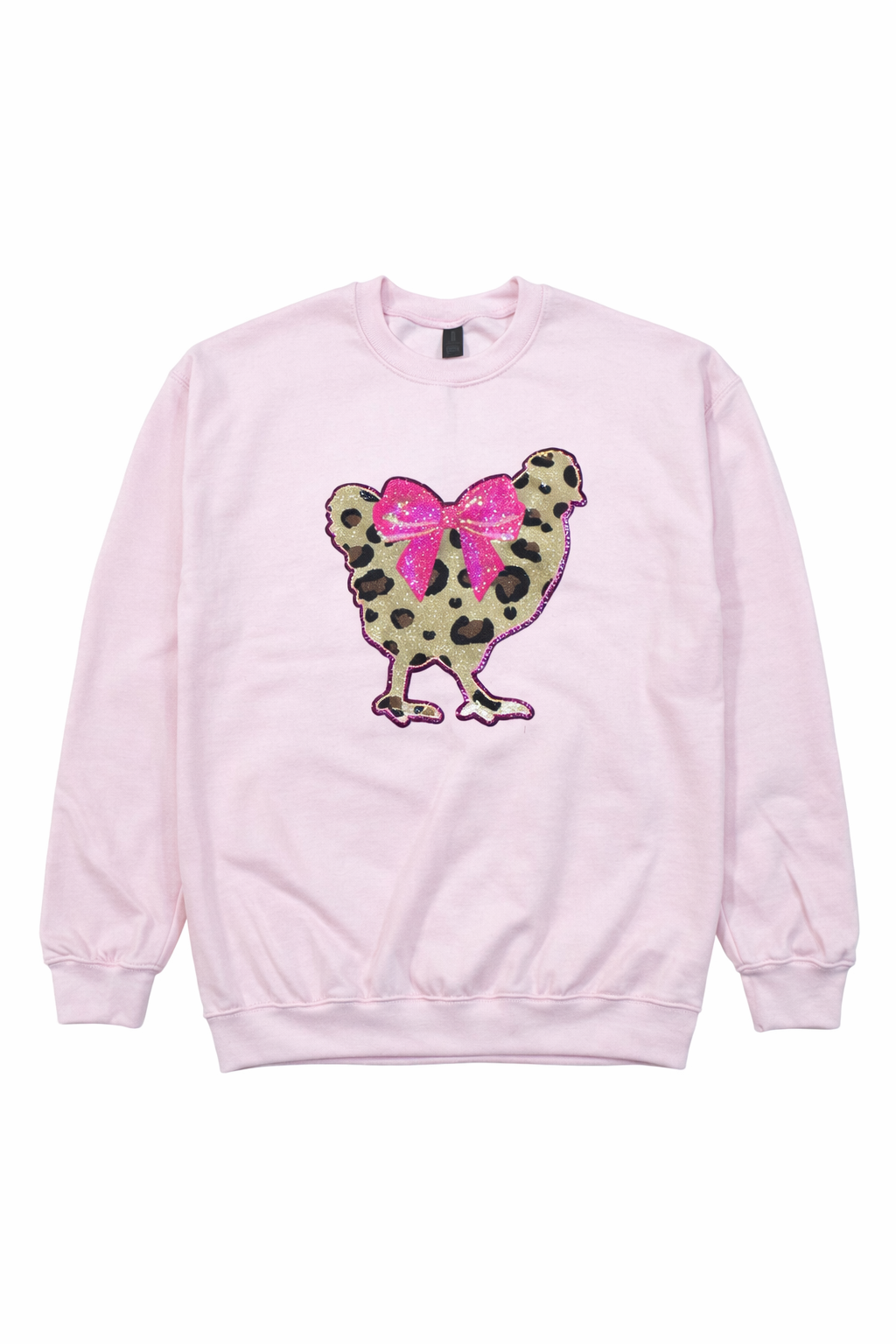 Light pink crewneck sweatshirt featuring an oversized sparkly sequin chicken in cheetah print with a hot pink bow, bold and playful graphic design.Light pink crewneck sweatshirt featuring an oversized sparkly sequin chicken in cheetah print with a hot pink bow, bold and playful graphic design.