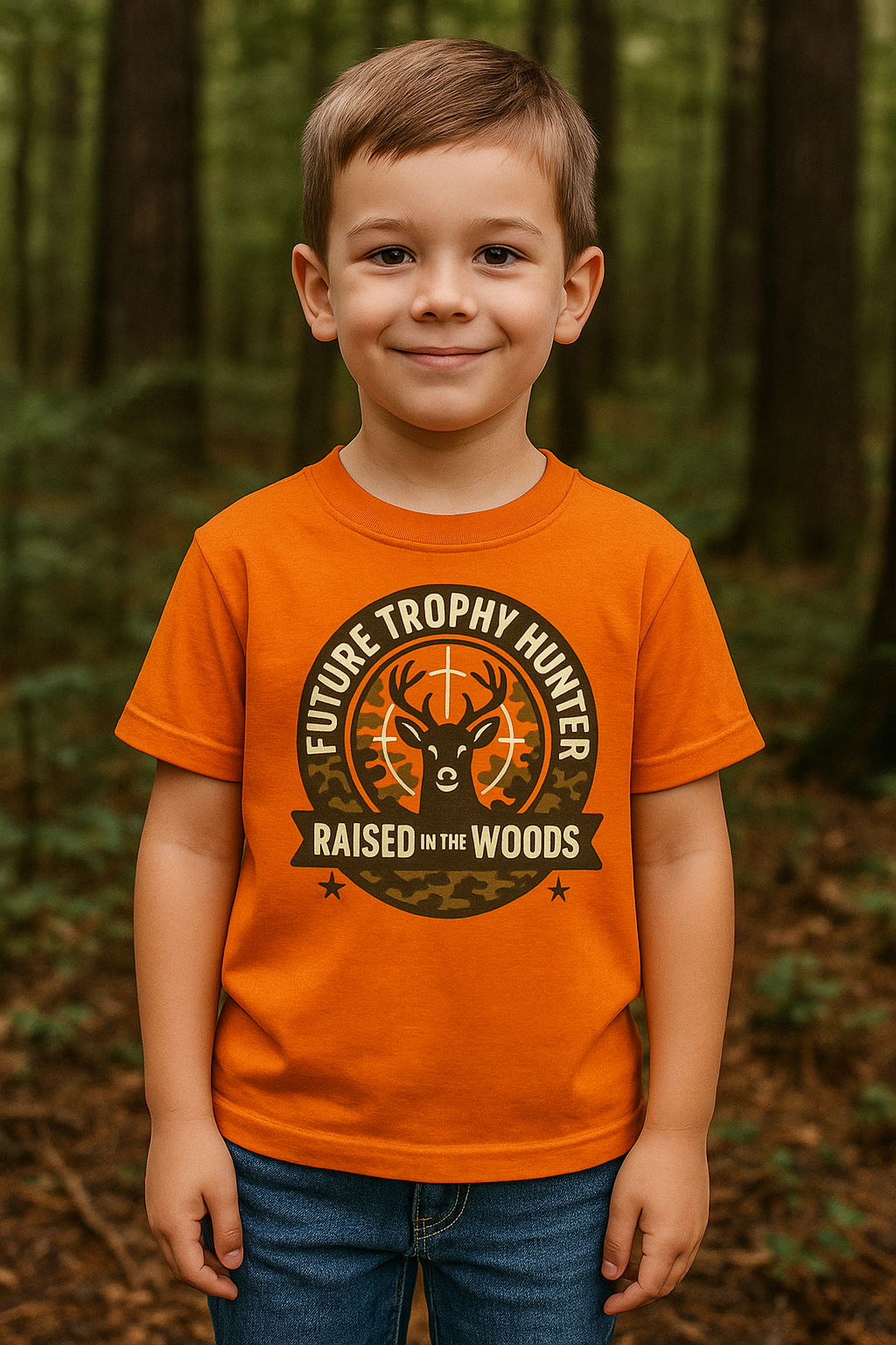 A young boy wearing a bright orange t-shirt with a deer and camo design that reads “Future Trophy Hunter – Raised in the Woods,” standing in a forest setting.