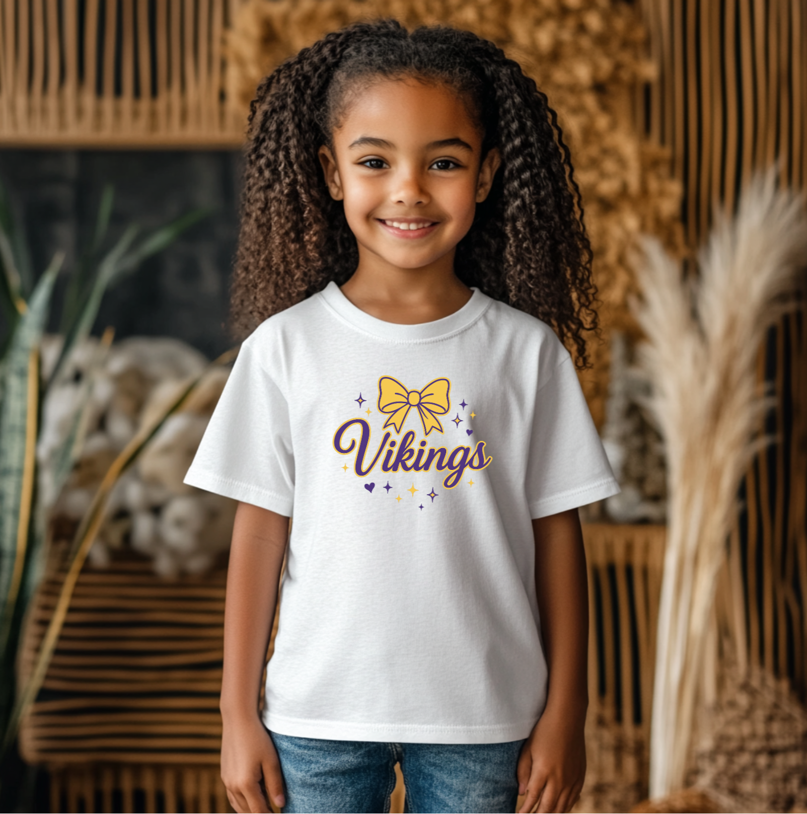 Child wearing a white t-shirt with 'Vikings' design, standing in front of decorative plants and wicker furniture.