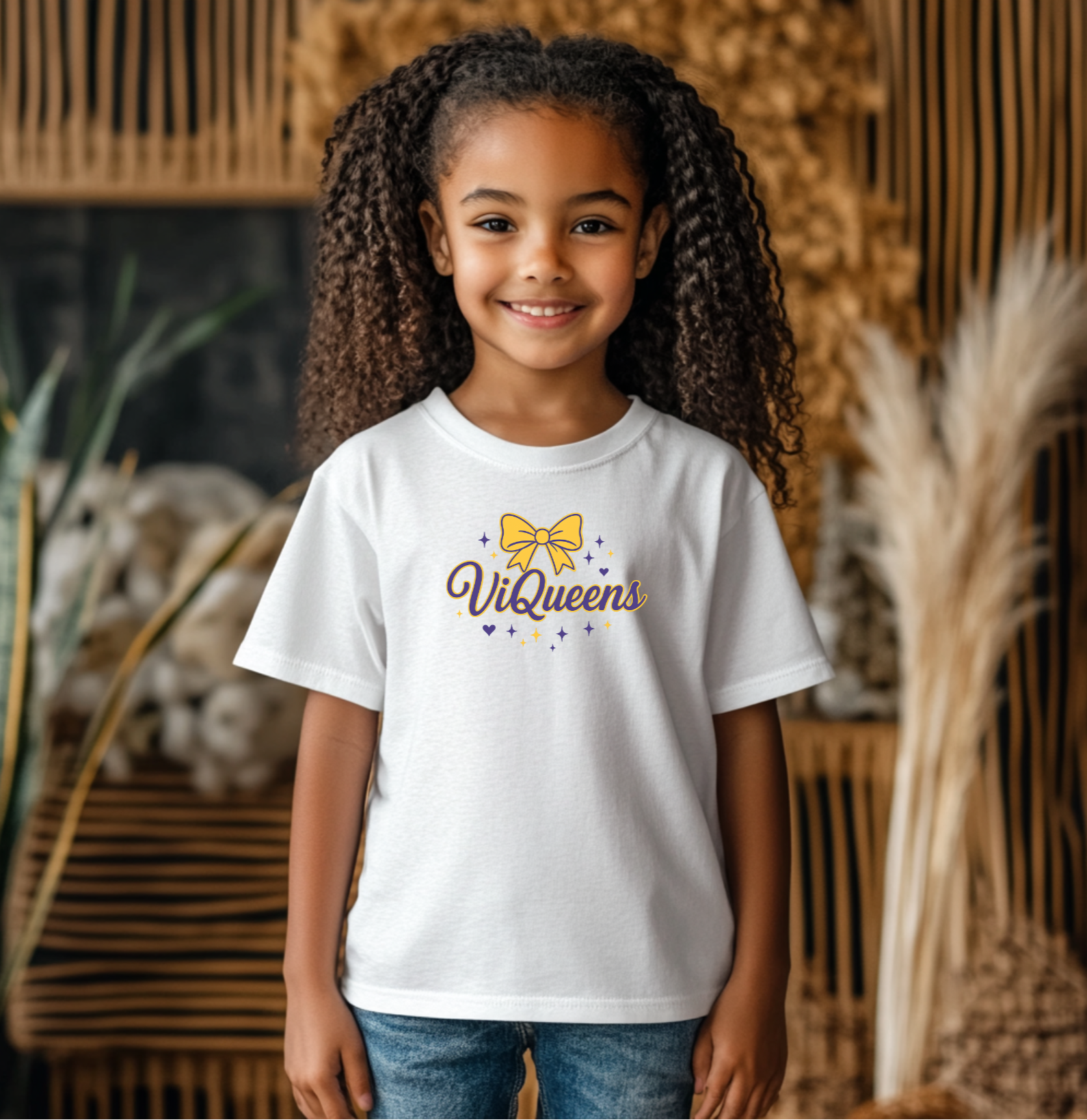 Young girl wearing a white t-shirt with 'ViQueens' logo, standing in front of a decorative background.