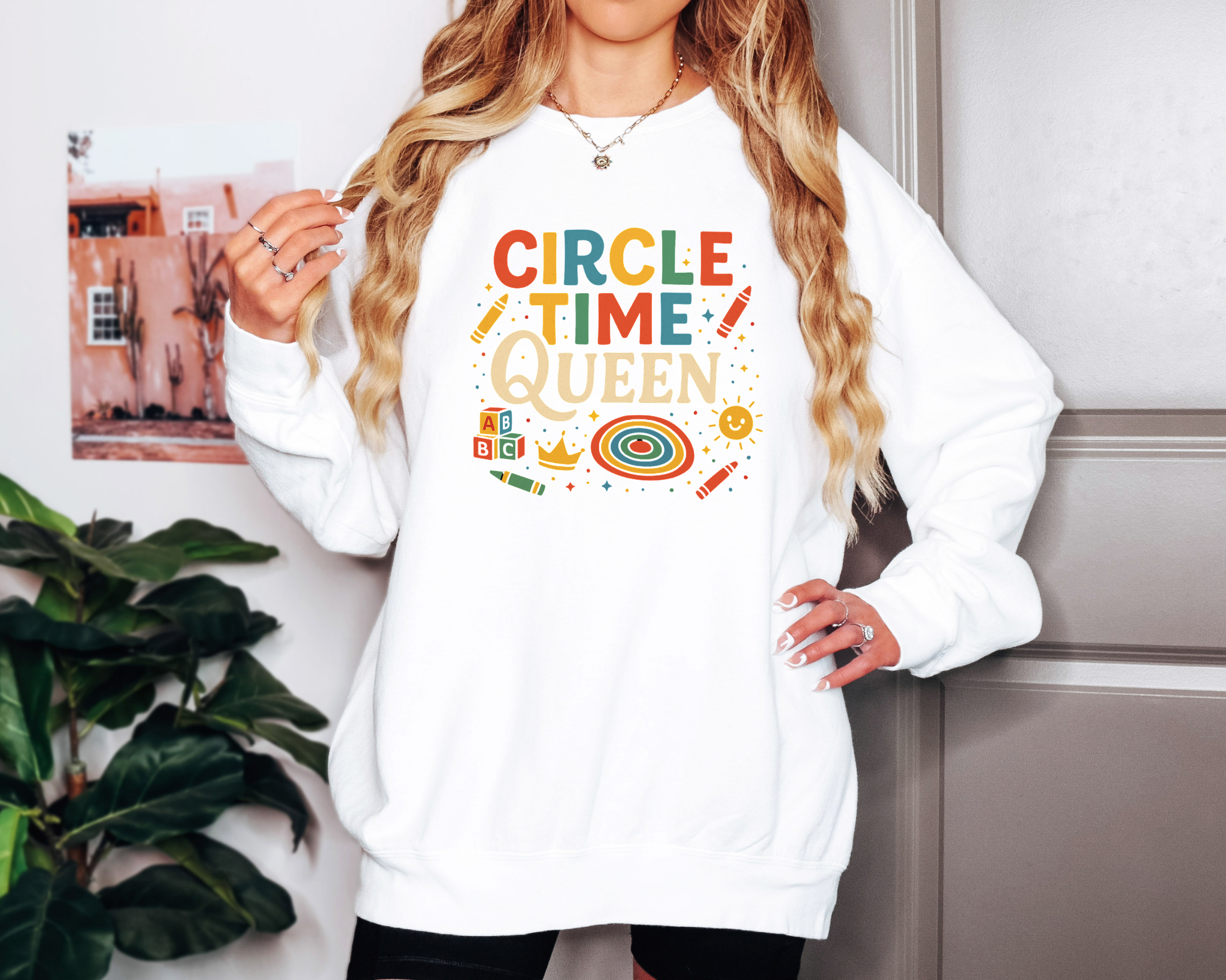 white Comfort Colors crewneck pullover with “Circle Time Queen” text, crayons, and ABC classroom design.