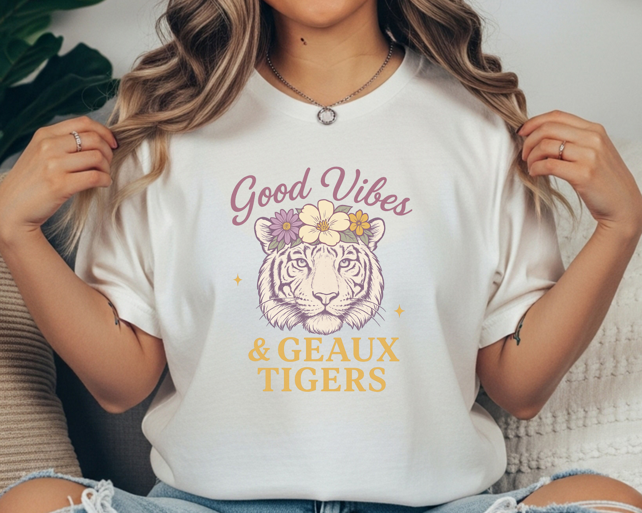 Comfort Colors tee with floral tiger design and text reading “Good Vibes & Geaux Tigers” in gold and mauve print.